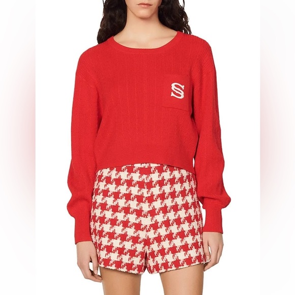 Sandro Paris Dorian Cropped Red Sweater Embroidered Monogram S Pocket Cable Knit - Picture 14 of 16